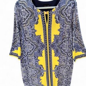 isabel & nina | Yellow & Navy Paisley Geometric Shift Dress | 3/4 Sleeve | XL